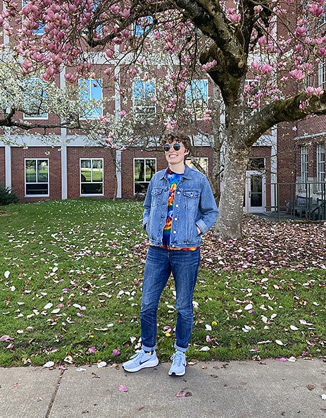 image of student Cedar O’Konski standing in Lokey courtyard