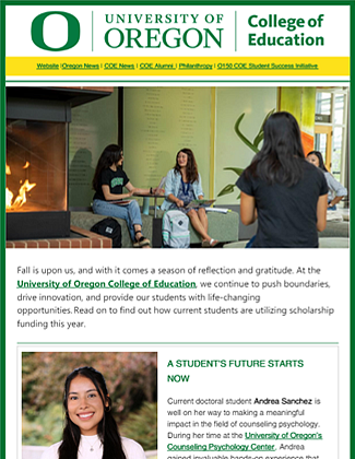 COE Impact Email Fall 2024 cover showing students sitting in HEDCO lobby by the fireplace