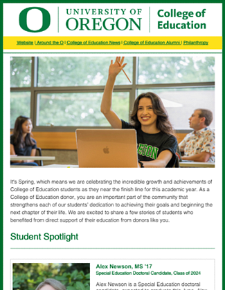 COE Impact Newsletter Spring 2024 individual raising hand in classroom setting