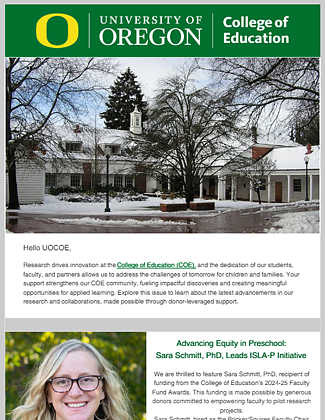COE Impact Newsletter Winter 2025 cover showing a snow covered Lokey building