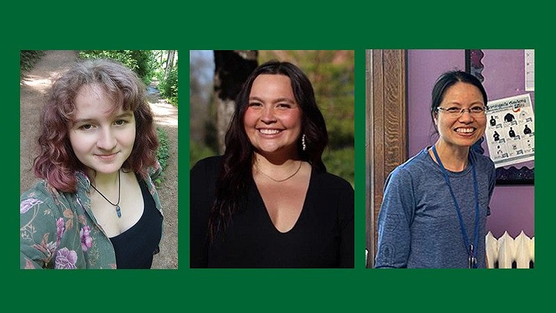 Abigail Beckstrand, Journey Baldwin, and Thi Mai featured headshots on a green background