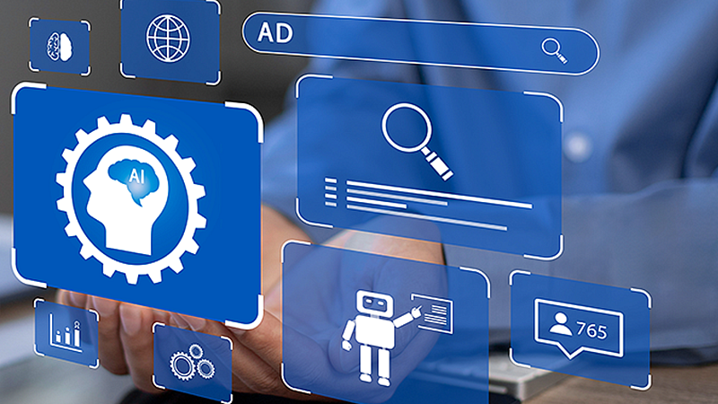 person in blue shirt holding hand out with blue floating graphics 