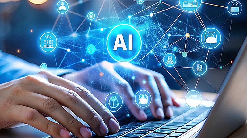 AI generated photo of a pair of hands on a laptop keyboard with graphic bubbles floating in the air