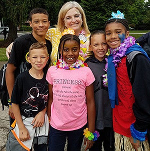 Kate Barker in Hawaiian Day with her students
