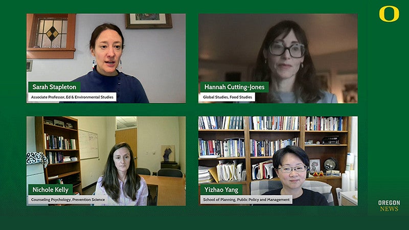 panel of four women from the UO discussion the new food pyramid