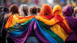 LGBTQ flag draped on the shoulders of individuals grouped together