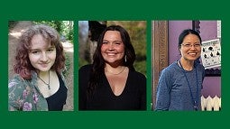 Abigail Beckstrand, Journey Baldwin, and Thi Mai featured headshots on a green background