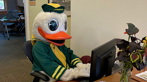 The Oregon Duck sitting at SAS Welcome Desk