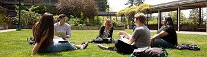 University of Oregon College of Education students sitting in HEDCO courtyard outside University of Oregon College of Education students sitting in HEDCO courtyard outside